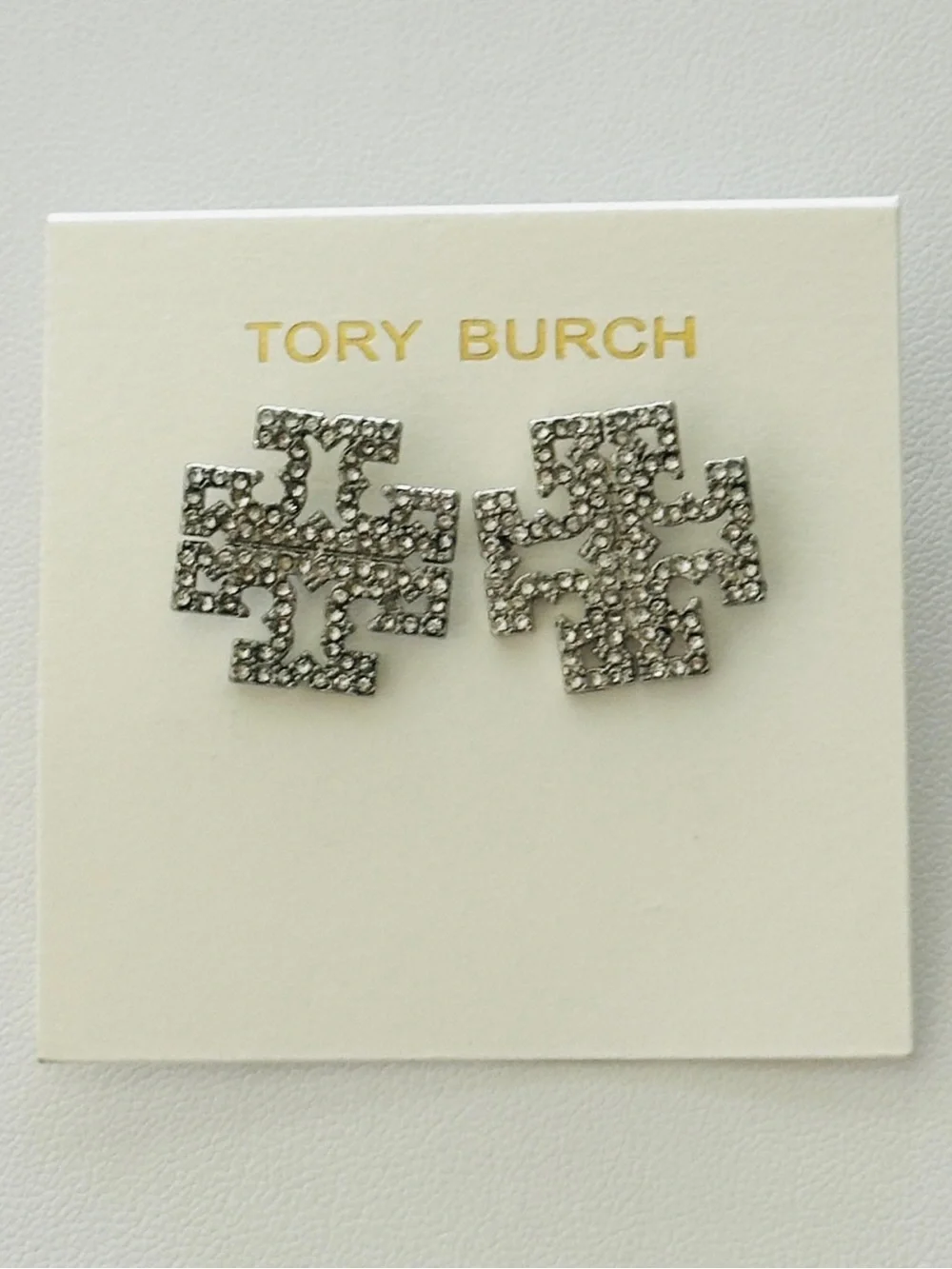 Tory Burch Silver Crystal Logo Earrings Studs